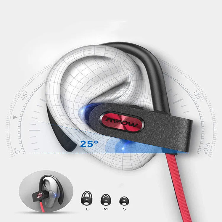 Red hanging ear Bluetooth headset showing the ear hook design and speaker unit