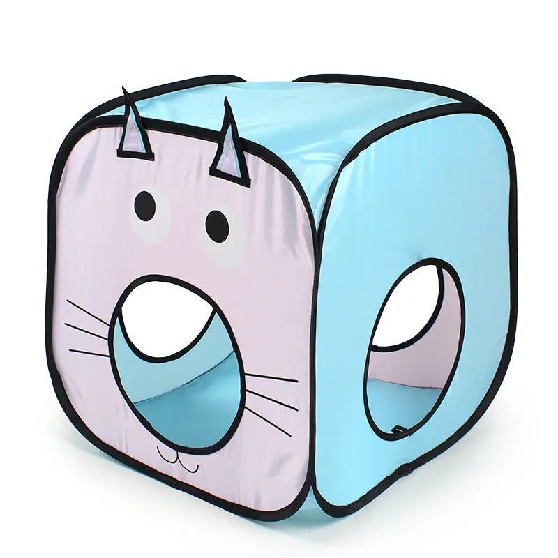 Foldable cat tent and tunnel three-piece set in cat and fish design on a white background.