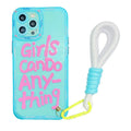 Graffiti personalised TPU phone case for iPhone with detachable blue lanyard, showing blue-haired girl or green crocodile artwork.