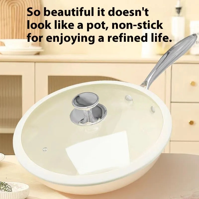 28cm non stick stir fry pan with refined iron body, ceramic glaze coating, and stainless steel glass lid