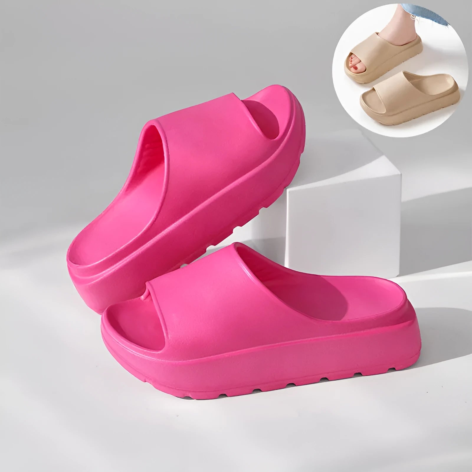Women's beige thick-soled EVA slippers with a 5.5cm platform, shown from the side.