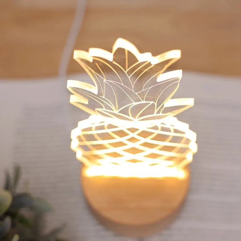 Cartoon pineapple shaped table lamp with wooden base and acrylic shade on a bedside table.