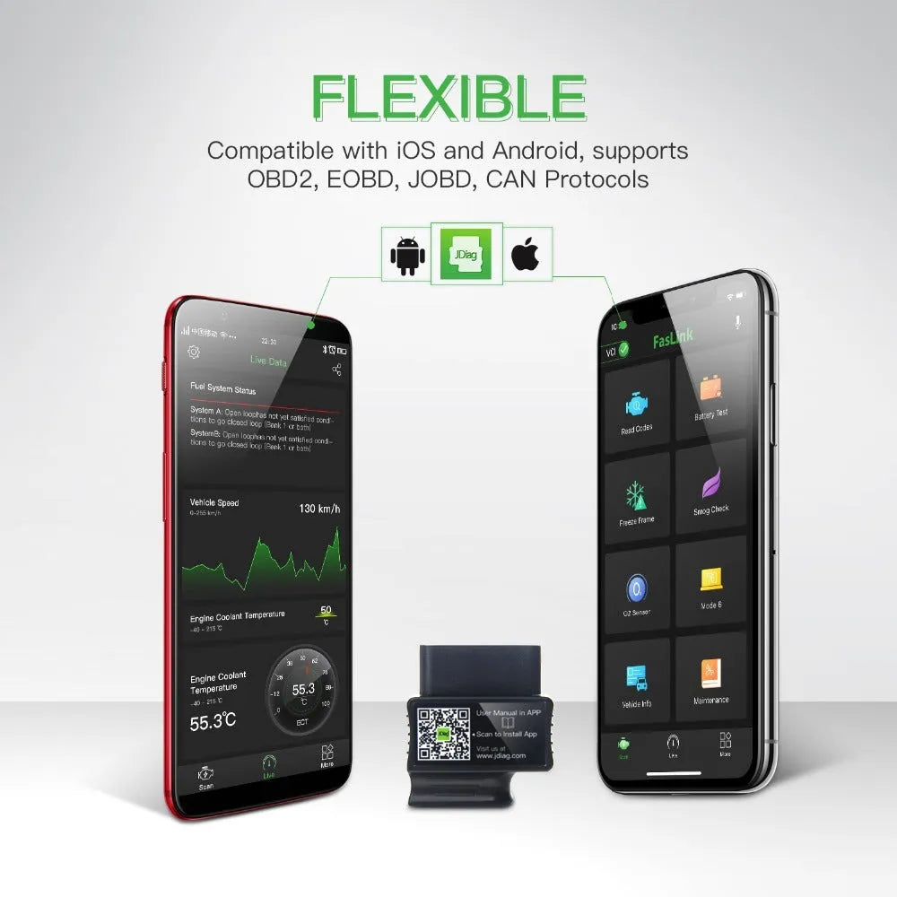 FasLink M2 OBD2 Bluetooth scanner with 16-pin port and non-slip shell for iPhone and Android