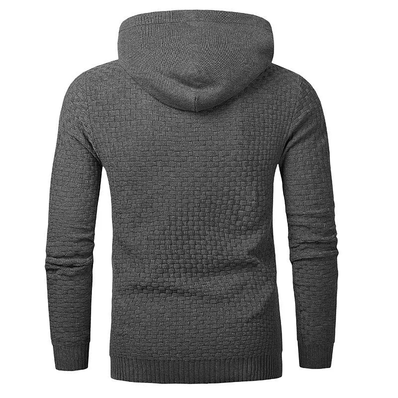 Men's black cotton-polyester hooded sweatshirt on a hanger