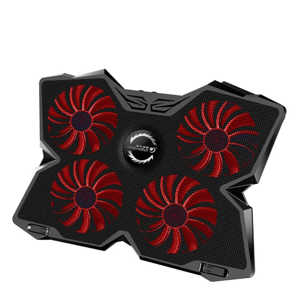 Blue computer cooling base with four LED fans and two USB ports for desktop cooling