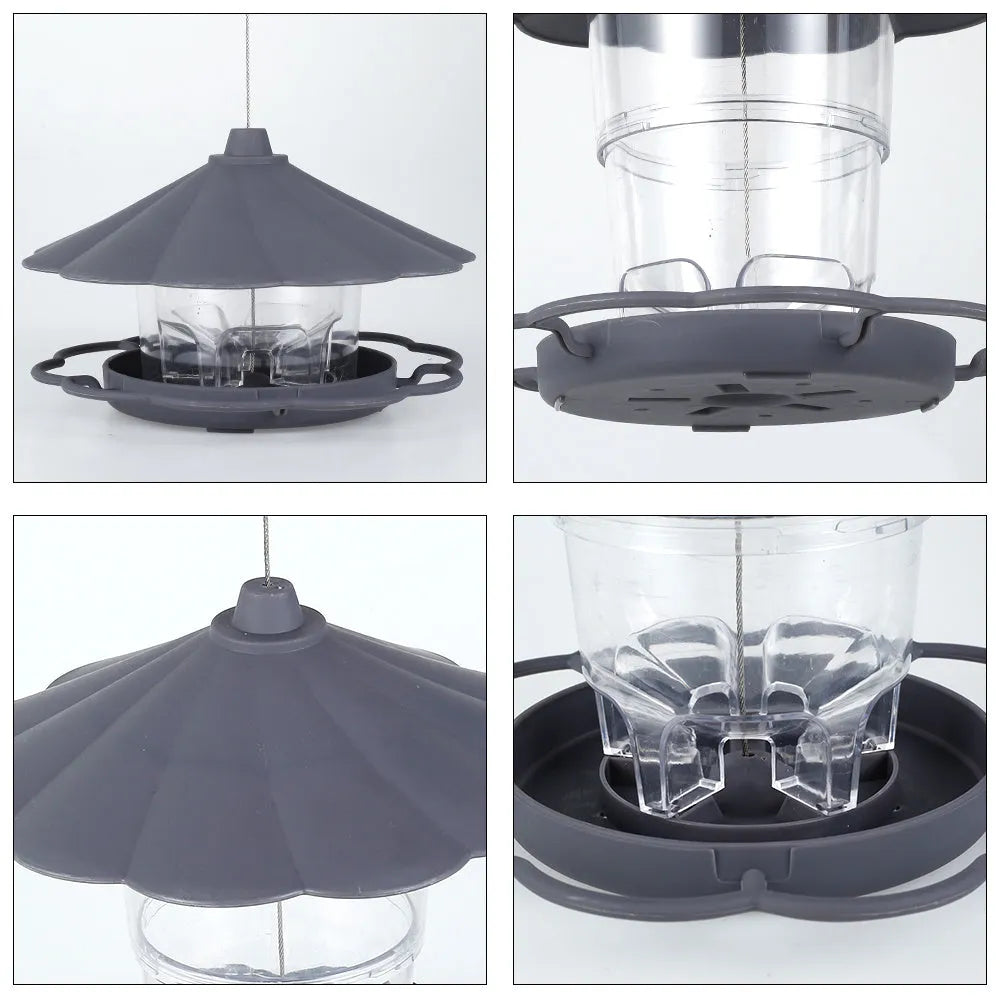 Collapsible wild birds feeder hanging birdcage with removable roof and large capacity bowls in outdoor garden setting
