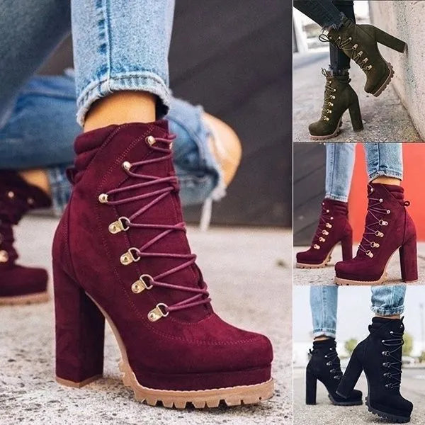 Women's suede ankle boots with thick high heel, round toe, and Roman boot styling in multiple colours