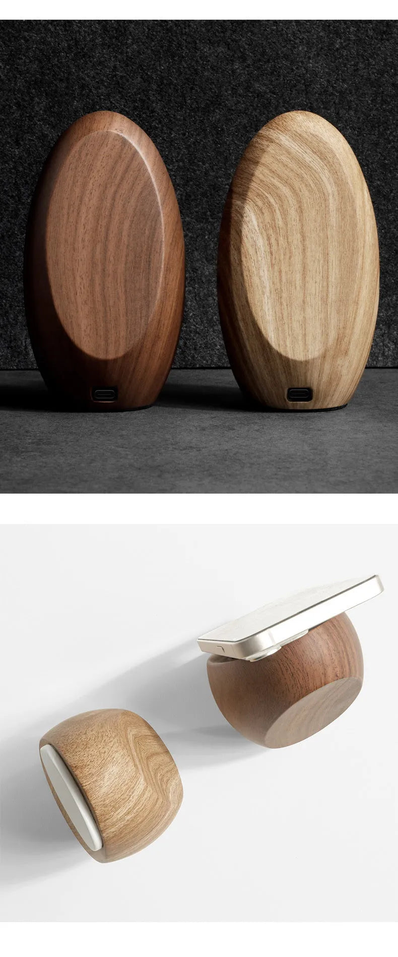Creative Magsafe magnetic phone holder wireless charger in walnut resin colour on desk, 15.5cm length