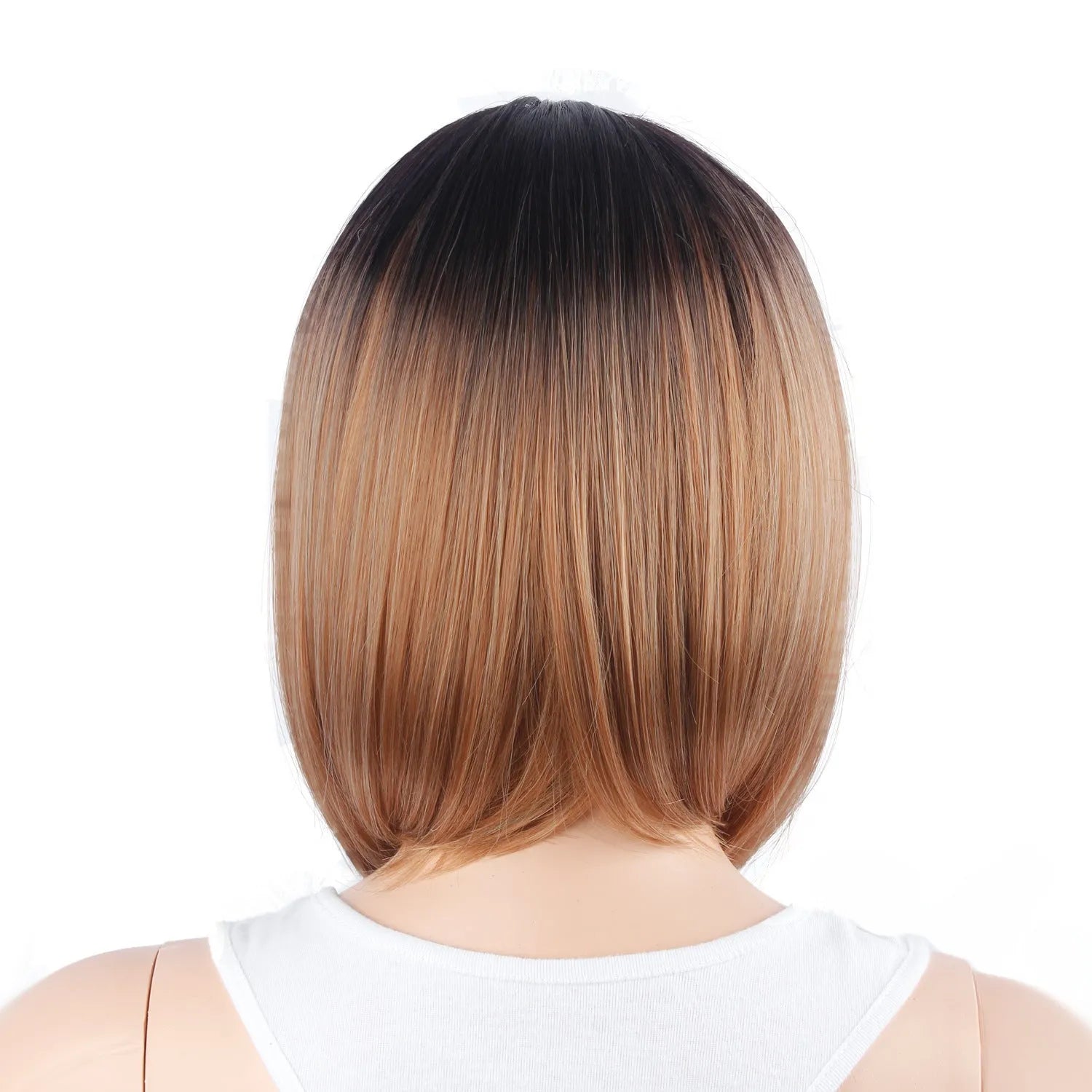 Short ladies wig cover in black brown gradient gradient colour, 13 inch length on stand