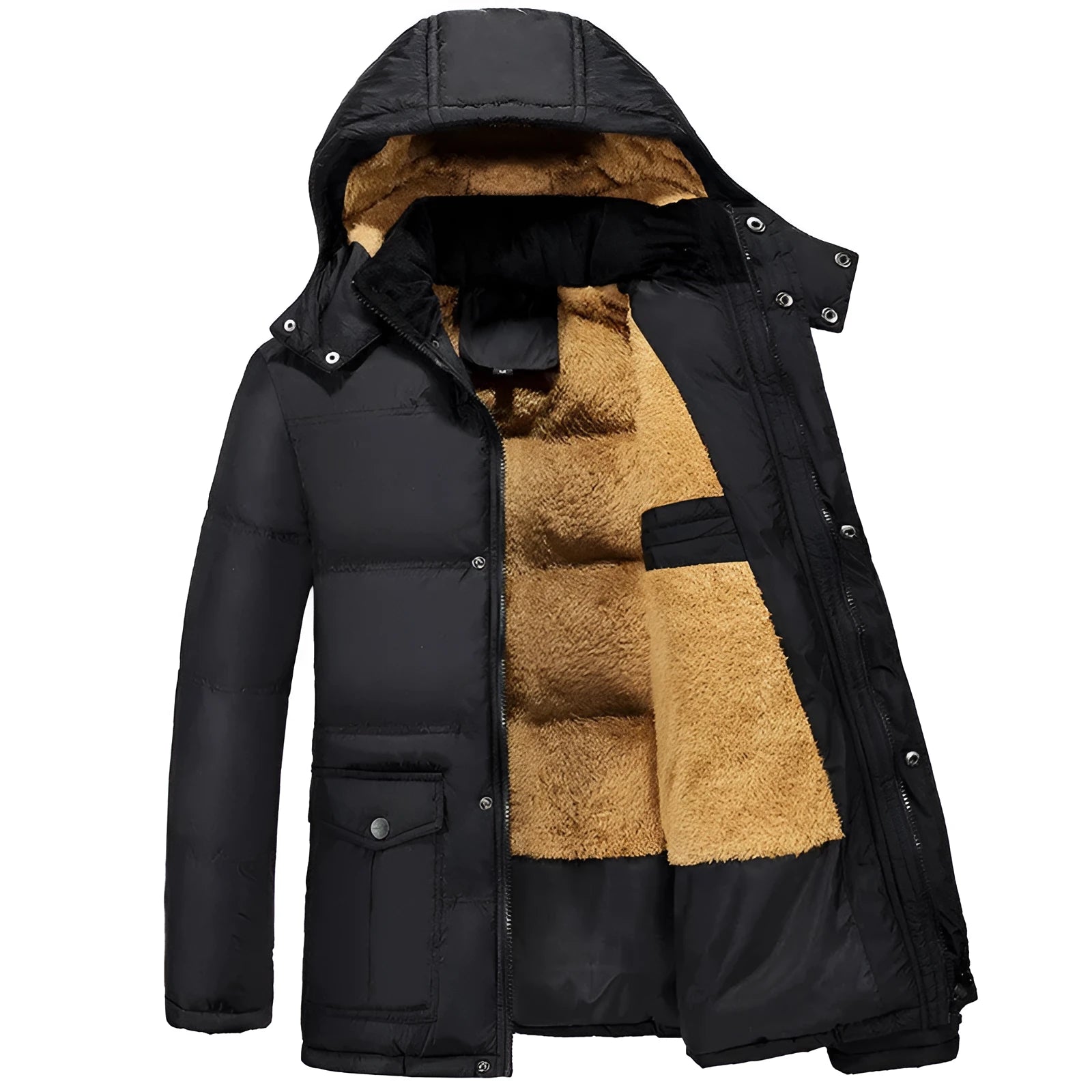 Black men's loose fit velvet padded jacket with double breasted front and attached hood