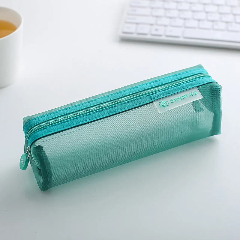 Transparent nylon mesh pencil case in square shape with smooth zipper, measuring 20.5x6x6.5cm