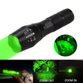 Black aluminium zoom flashlight with adjustable focus ring, shown next to an 18650 battery.