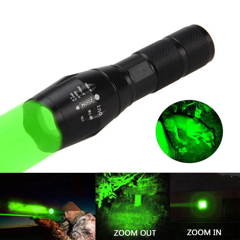 Black aluminium zoom flashlight with adjustable focus ring, shown next to an 18650 battery.
