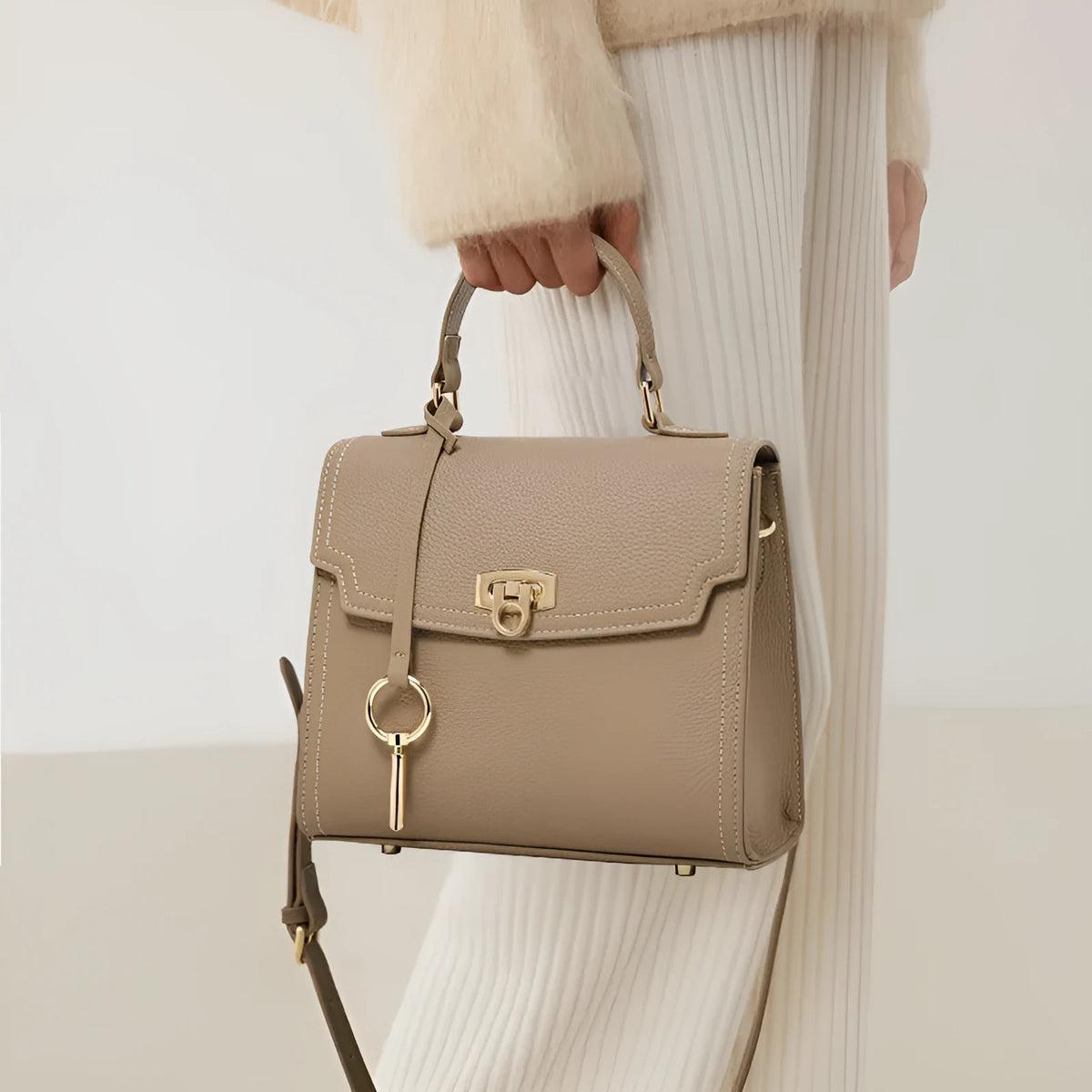 Elephant grey vintage handbag with litchi pattern texture and lock detail