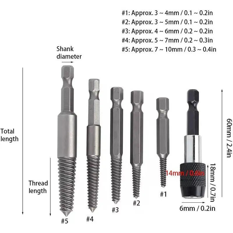 Silver 12-piece hexagonal handle screw extractor set on grey background