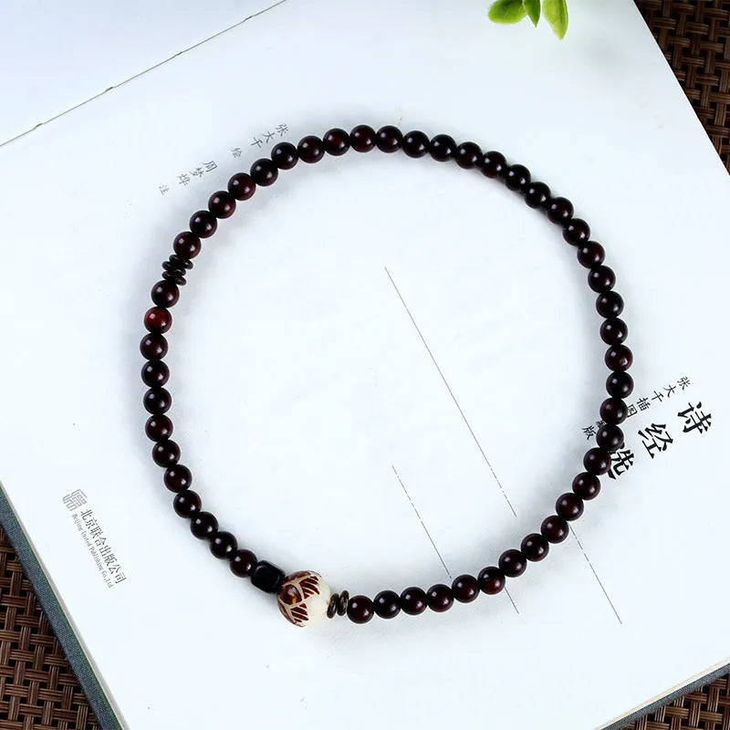 Natural rosewood floral bracelet with knitted construction and 6mm beads in double-ring or single-circle pattern