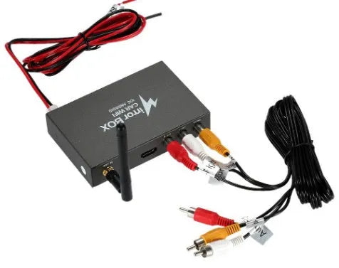 Black car Wi-Fi mirror link box with power cable, AV cable, antenna, and user manual for screen mirroring.