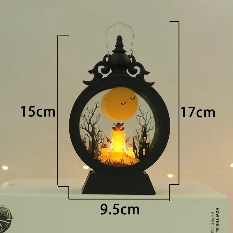 Halloween retro candle portable storm lantern with hook, 9.5x15cm, three light colour options Castle Pumpkin Witch