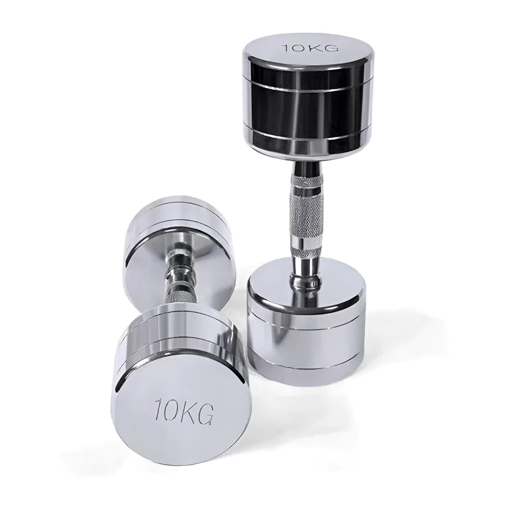 Silver pure steel 1kg dumbbell with ergonomic handle on a grey background.