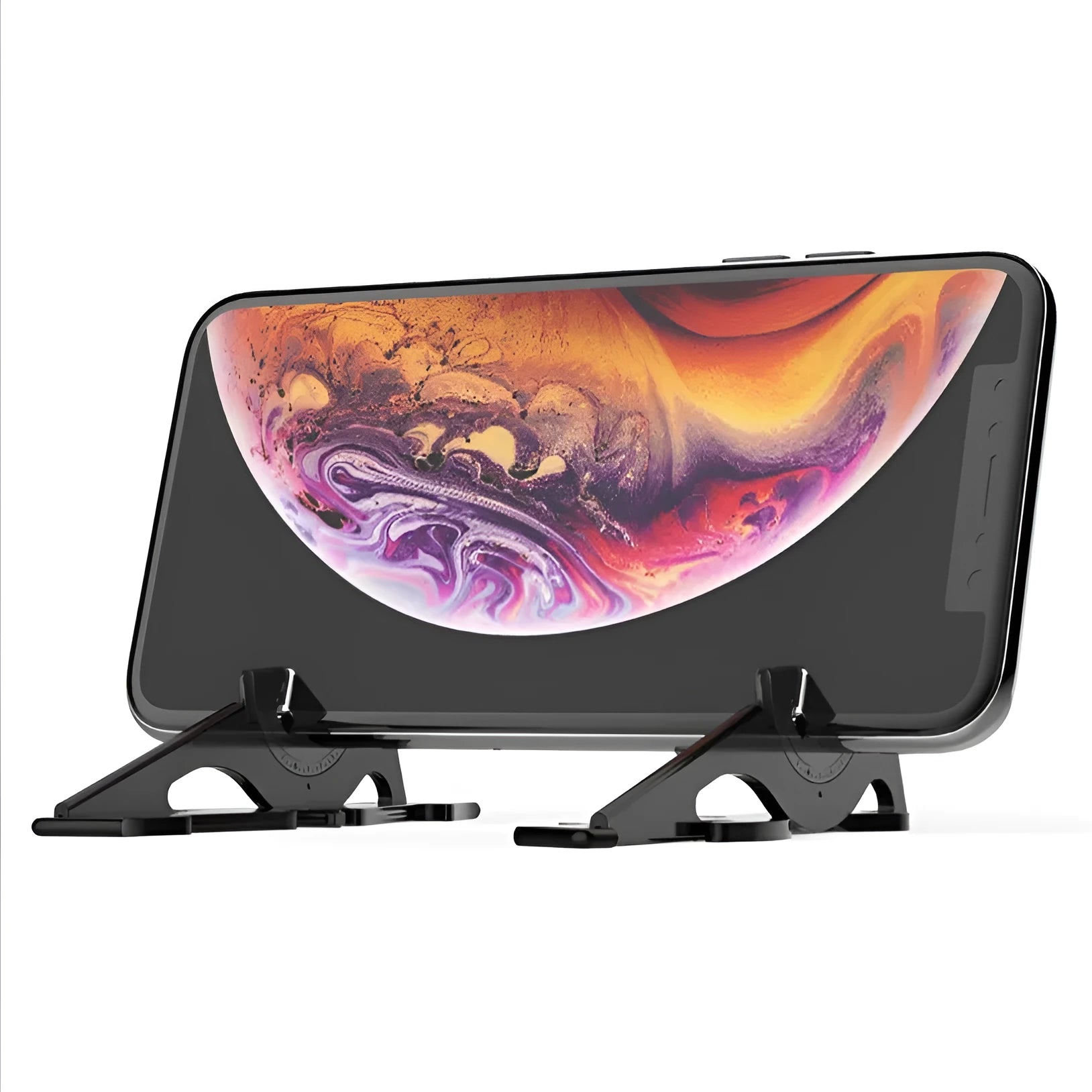 Plastic card-type mobile phone stand in six colour options on a desktop