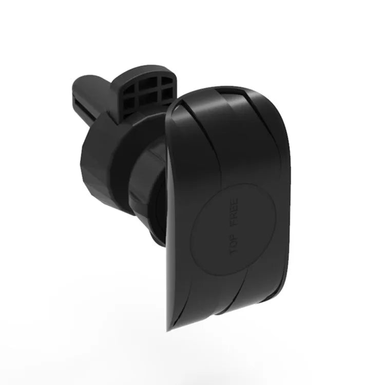 Black car phone holder mounted on car air vent with adjustable clamp mechanism
