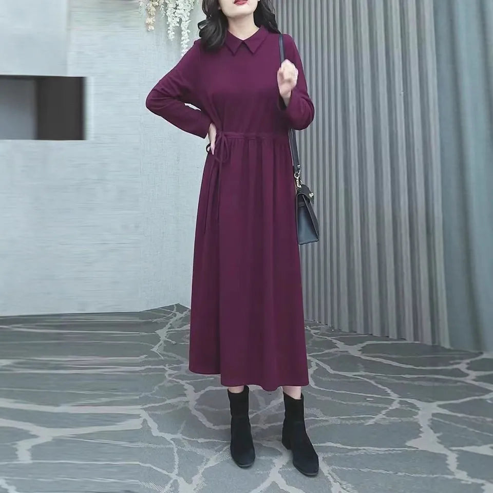 Women's purplish red long sleeve long skirt dress with extra long sleeves