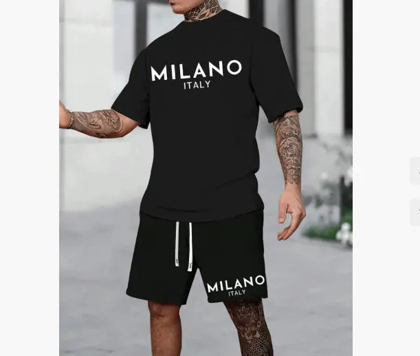 Men's short sleeve polyester suit set with round neck pullover and matching shorts