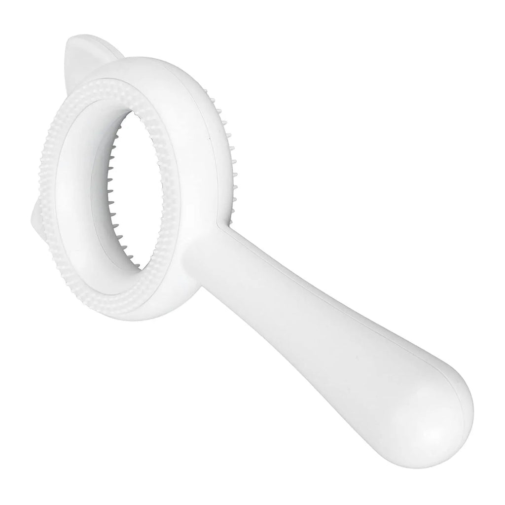 Blue and white double-sided pet grooming brush with deshedding comb and massage tool