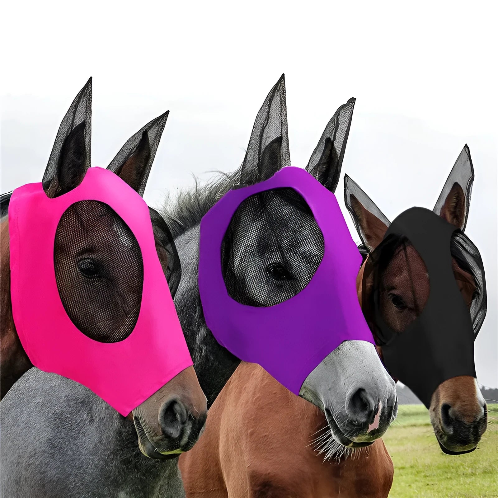 Lycra horse fly mask with ears in check pattern available in multiple colours for UV sun protection