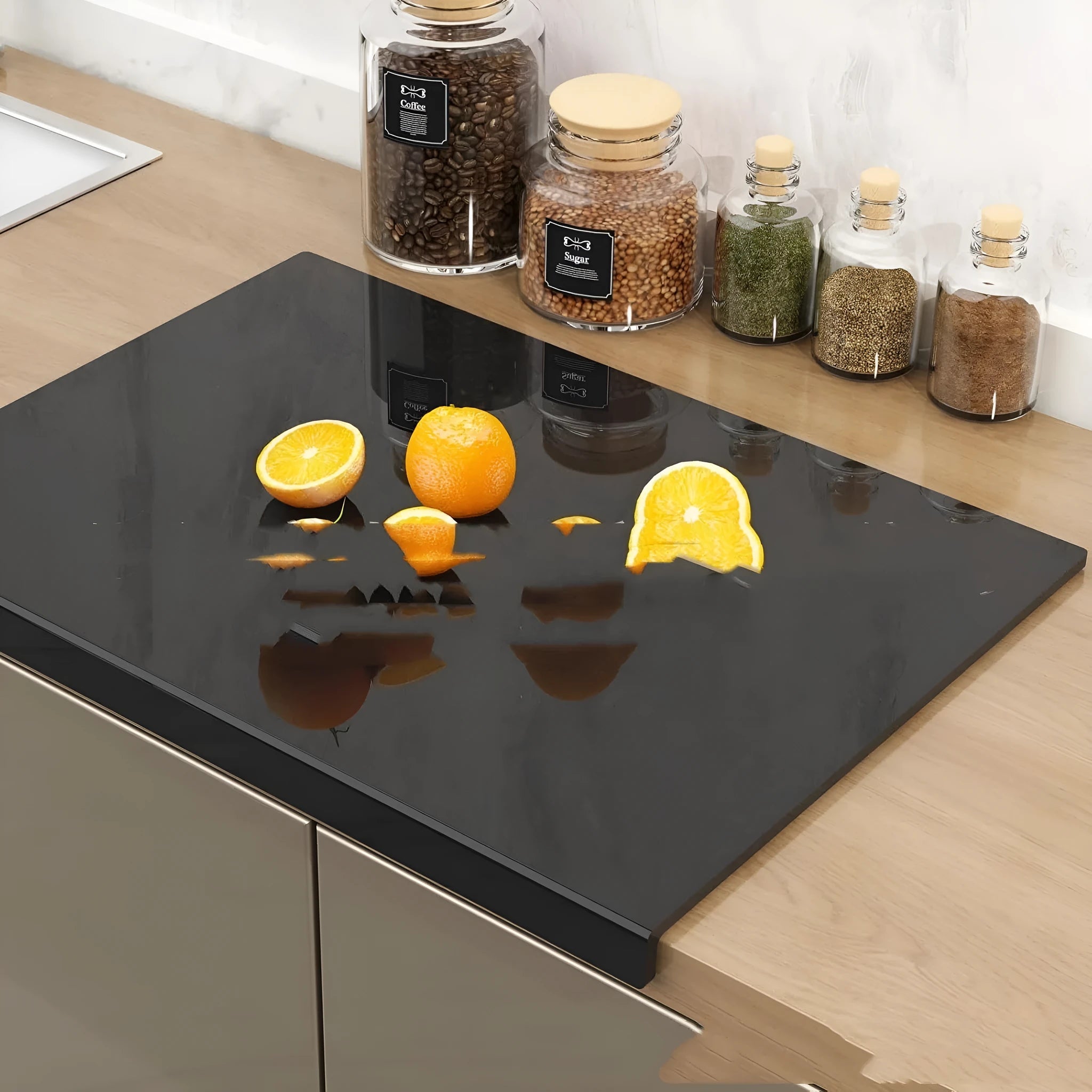 Black transparent acrylic chopping board in three sizes 30x20cm 40x30cm 45x32cm on kitchen counter