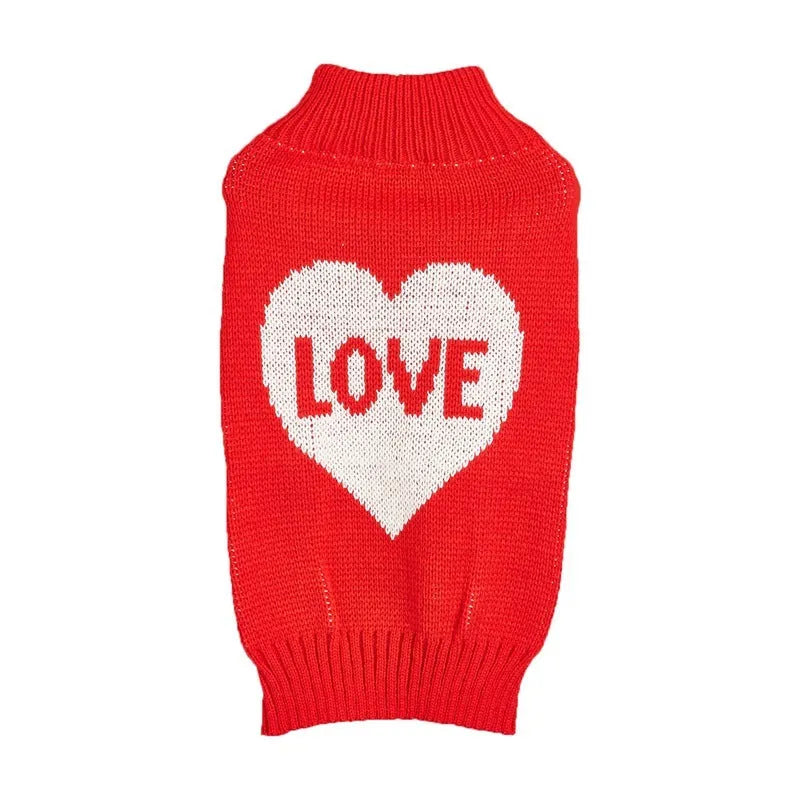 Red dog sweater with a large white love heart design on the side.