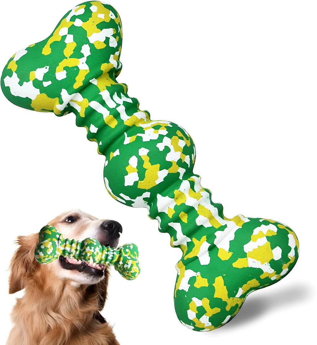 Natural rubber dog chew toy in camouflage colours for large breed aggressive chewers.