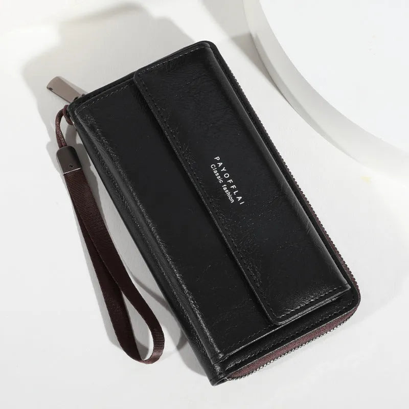 Men's black PU long wallet open to show multiple card slots and coin compartment.
