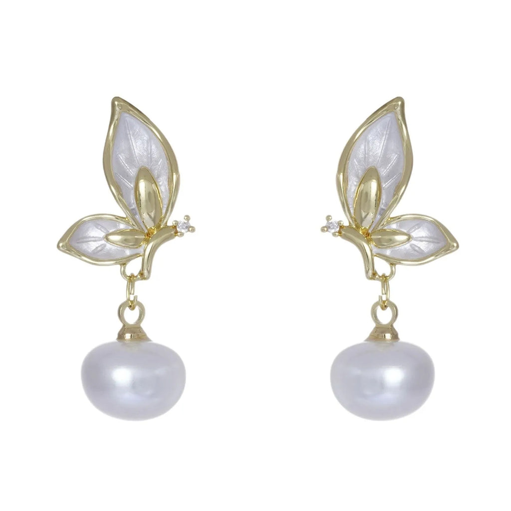 Zircon butterfly earrings for women in electroplated copper with simple geometric design