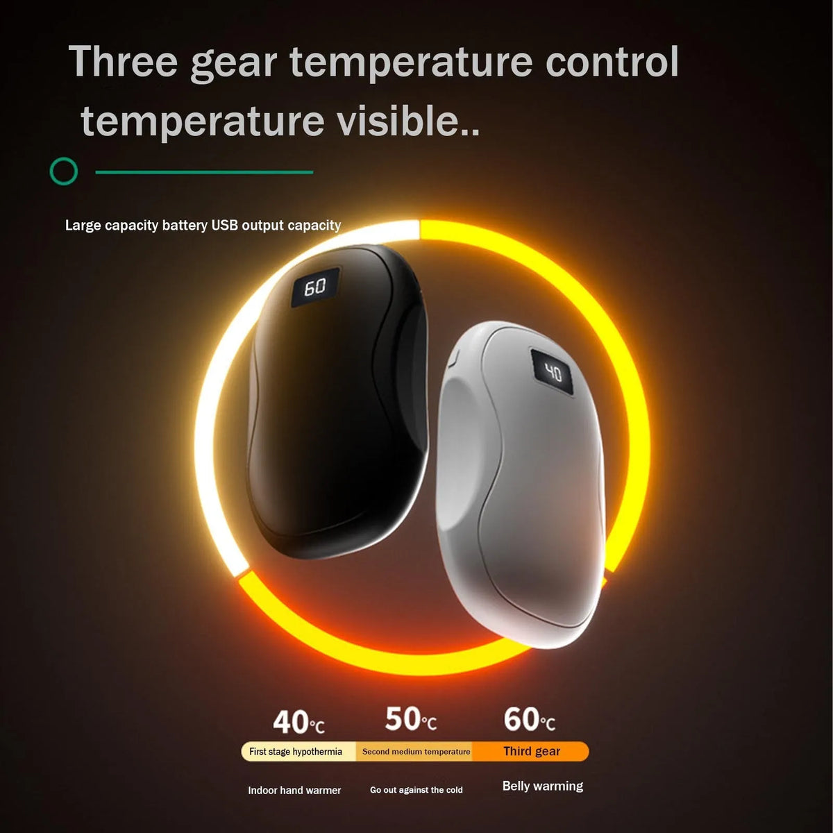 Electric hand warmer with digital display, available in multiple colours, on a white background