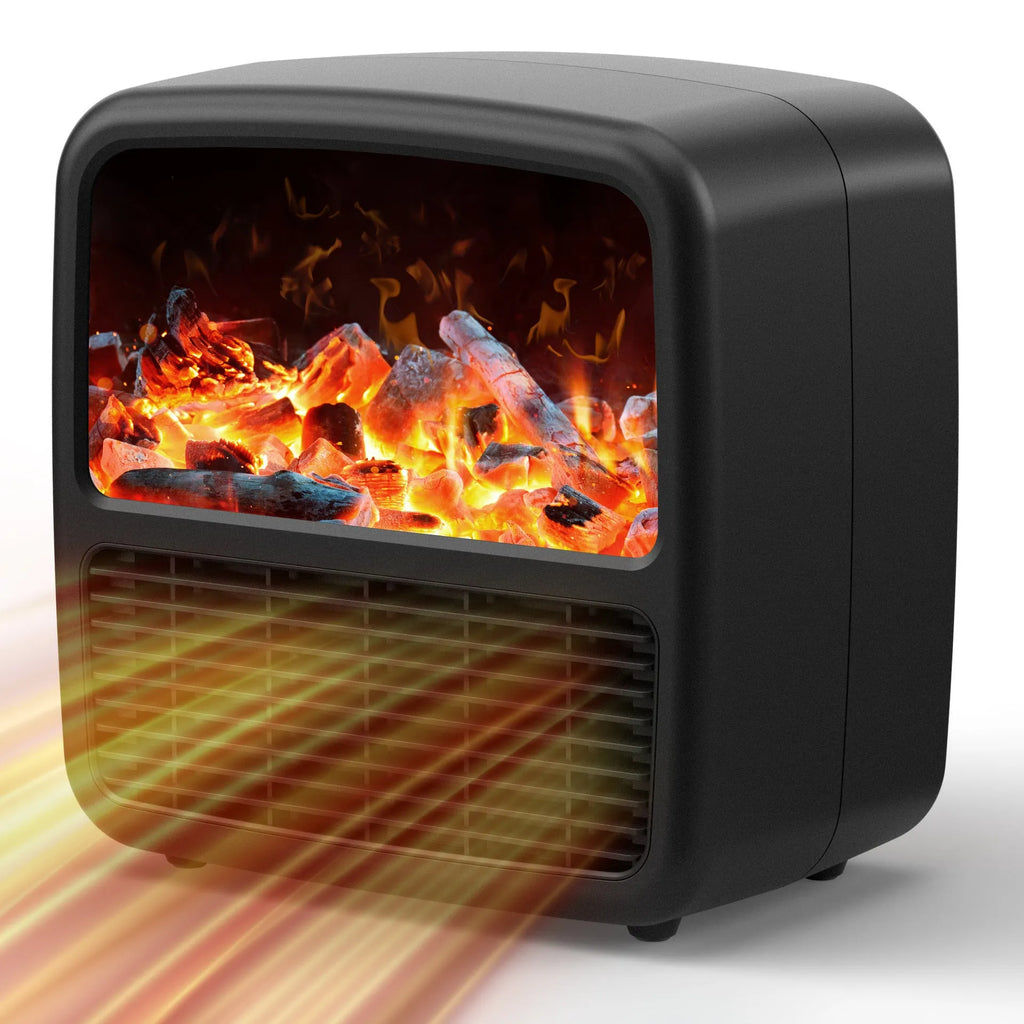 Black desktop ceramic electric space heater with LED flame effect and mechanical controls