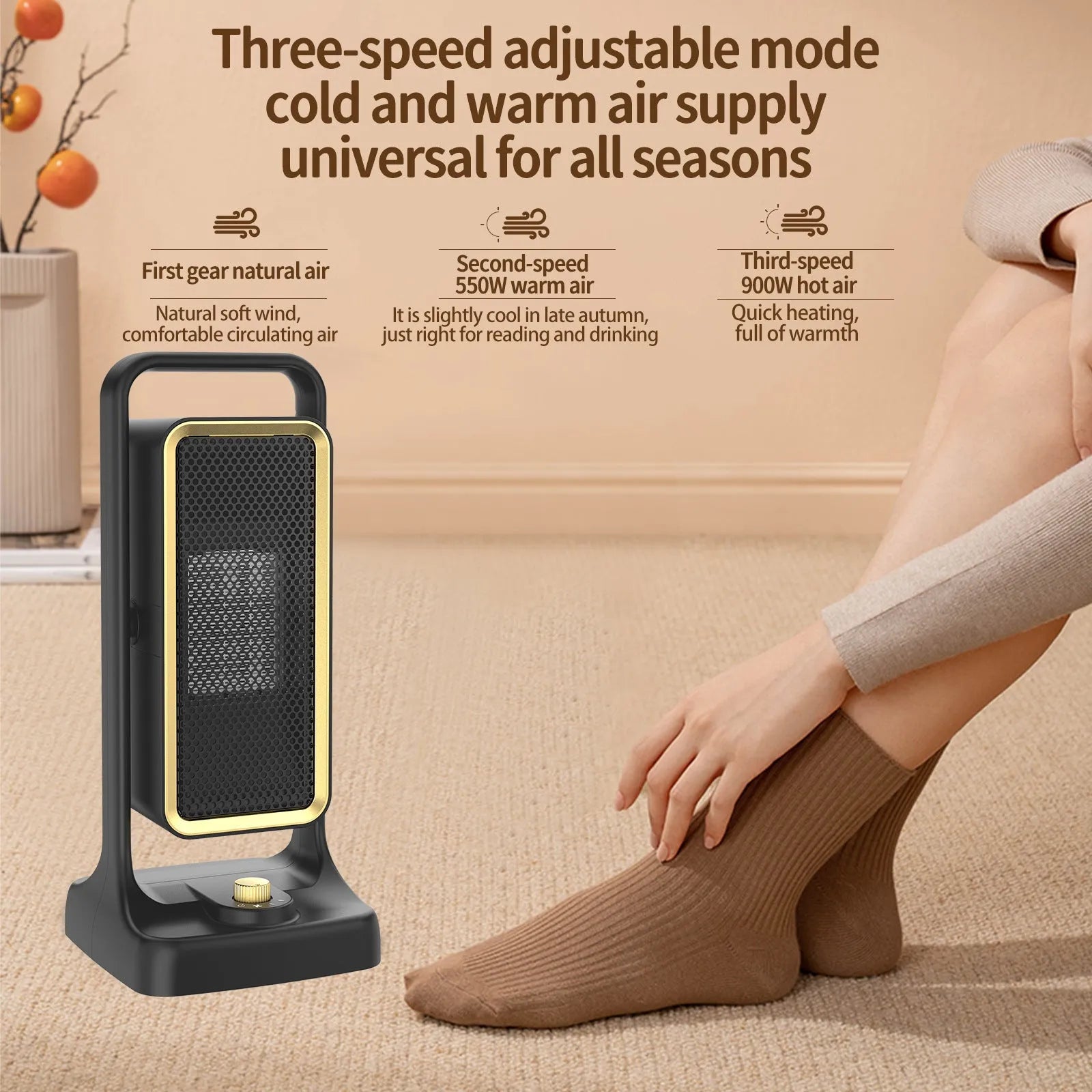 Black desktop PTC ceramic heater with knob control, measuring 14.9cm wide by 33.5cm tall