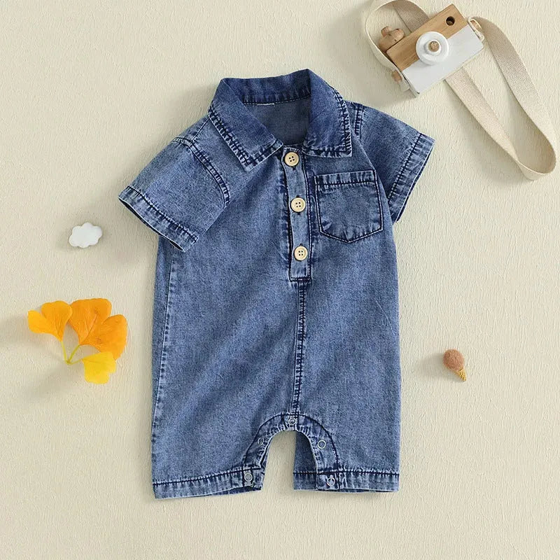 Blue cotton short sleeve rompers for baby boy western style