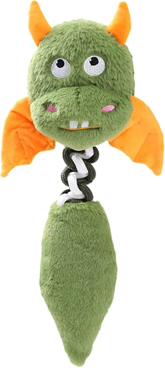 Cartoon-shaped plush dog toy with a rope knot in black, green, or red