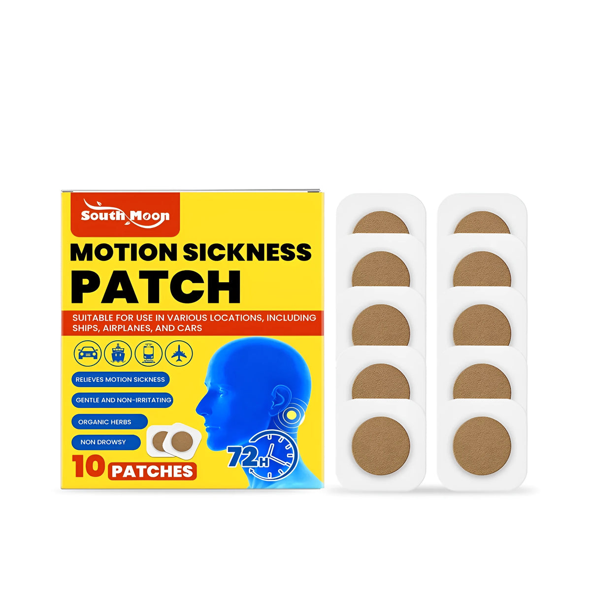 Pack of 10 motion sickness patches with natural herbal extracts for travel relief