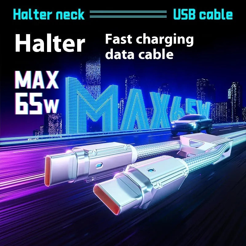 Silver PD65W braided fast charging cable, woven 1-2m lead with Type-C or Type-C Apple connector