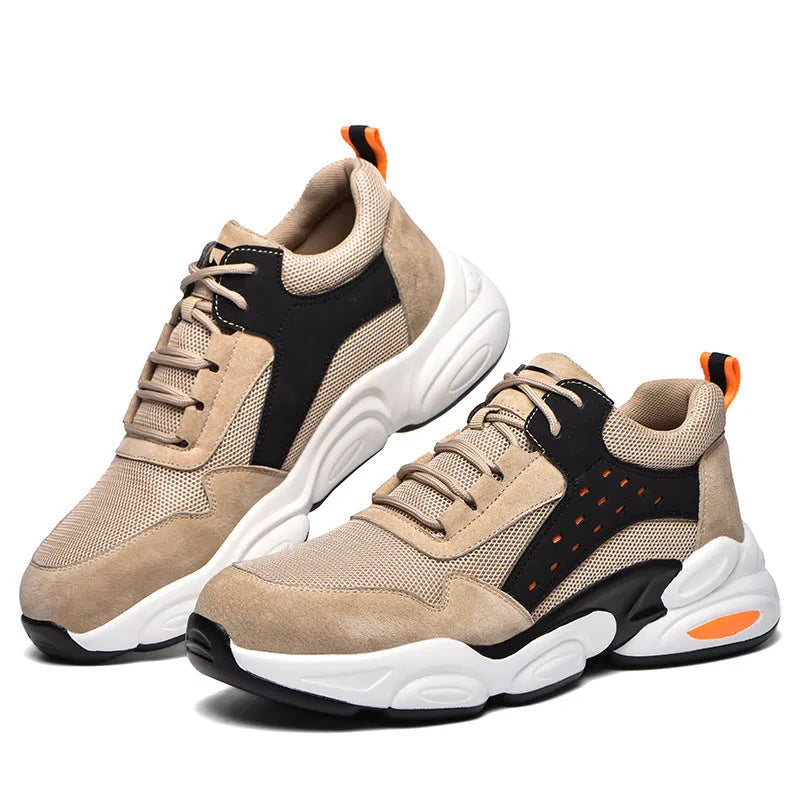 Men's black breathable mesh steel toe labour protection shoes with PU sole on a work site background.