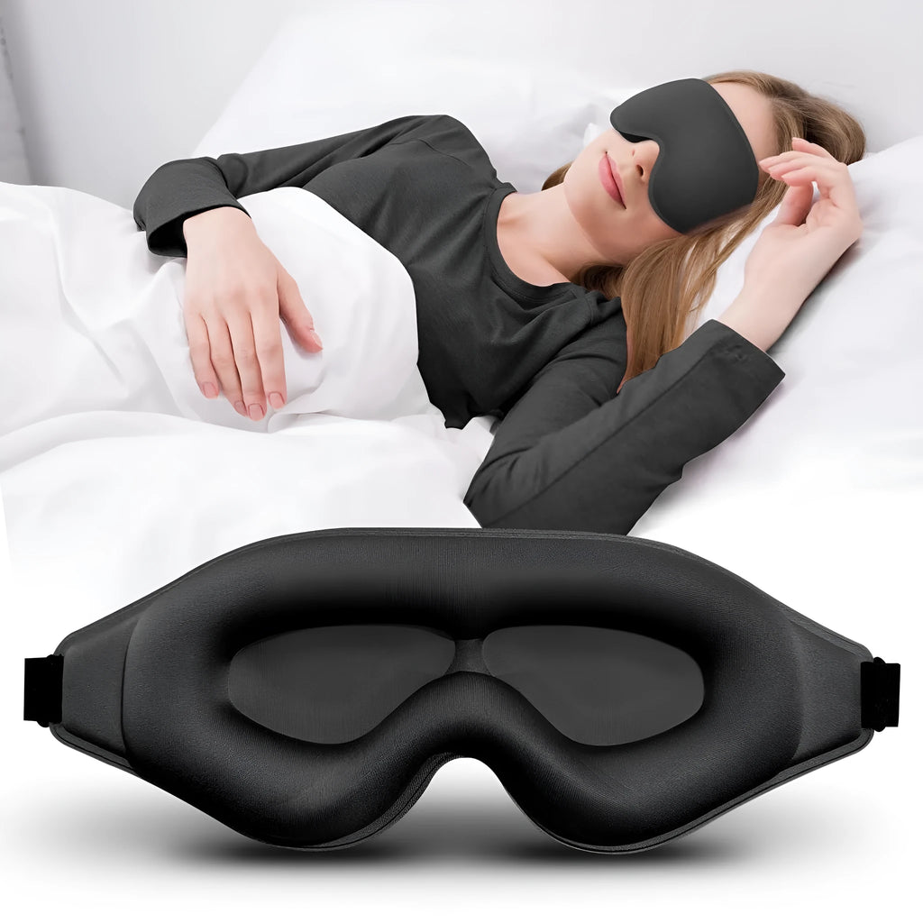 3D shading eye mask in black with polyester memory foam padding and solid colour finish