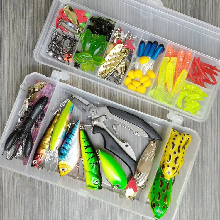 142-piece fishing lure kit with hard mino designs, metal and plastic components in assorted colours