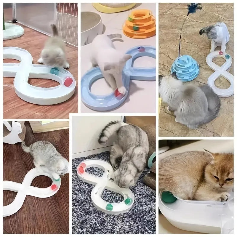 Blue and white cat track toy with turntable ball mechanism and teasing stick attachment