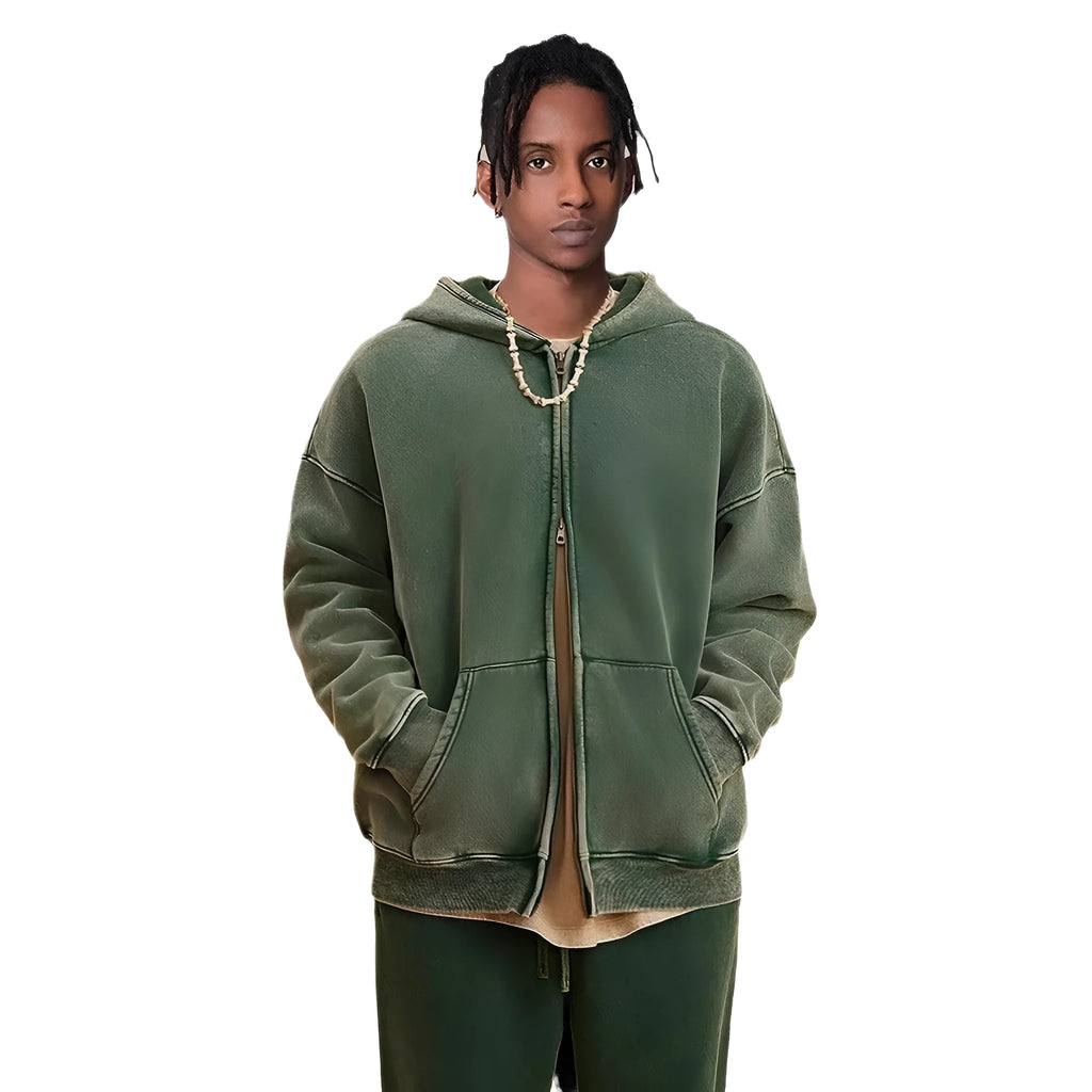 Men's vintage fleece-lined hooded cardigan with a double zipper front in a washed colour.