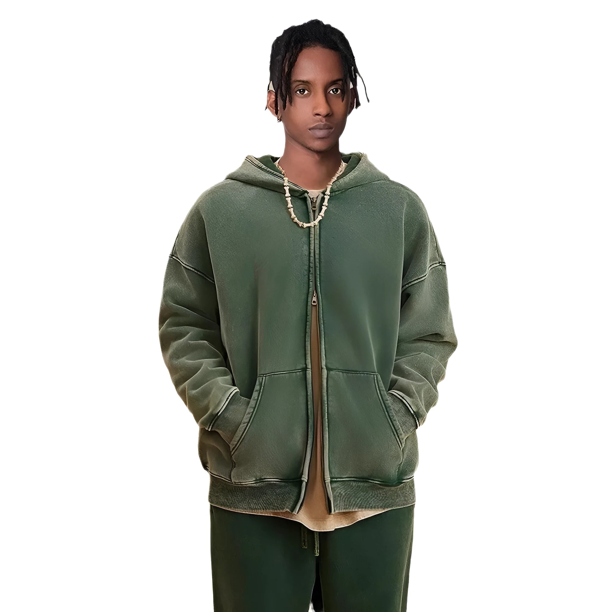 Men's vintage fleece-lined hooded cardigan with a double zipper front in a washed colour.