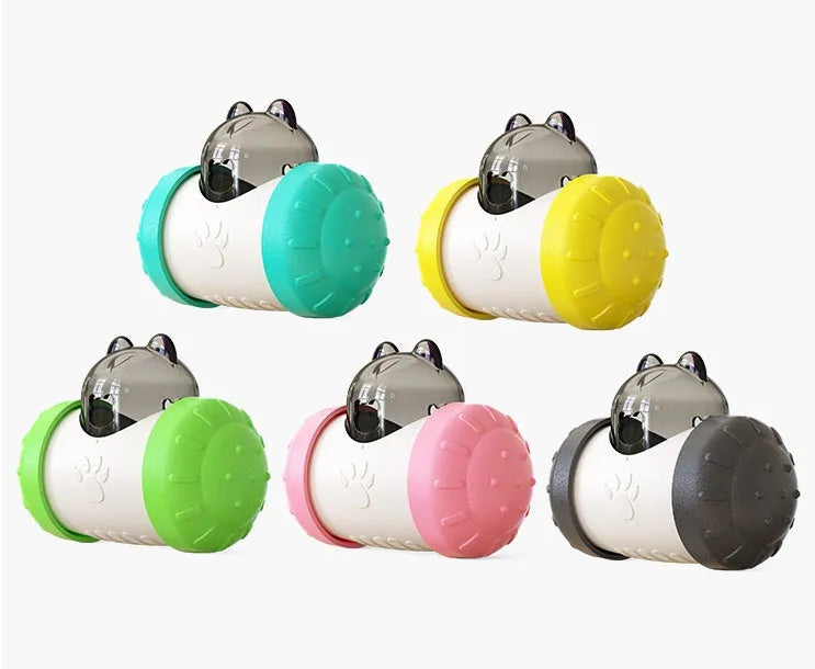 ABS dog treat leaking toy with wheel and quacking sound, available in blue, pink, green, yellow, and black
