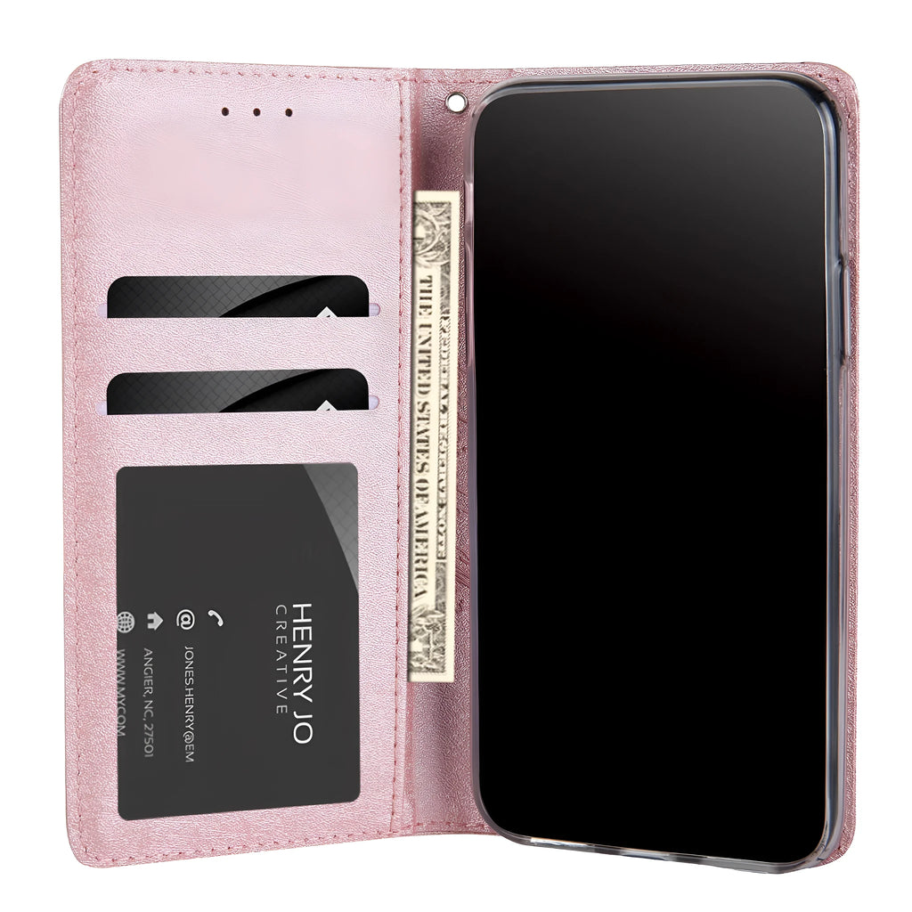 Black PU leather flip phone case for Apple iPhone with card slots open.