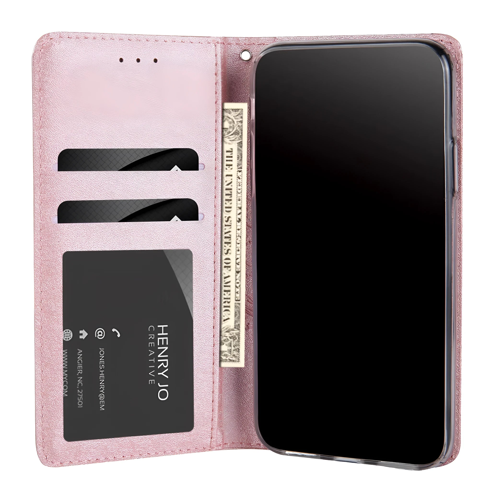 Black PU leather flip phone case for Apple iPhone with card slots open.
